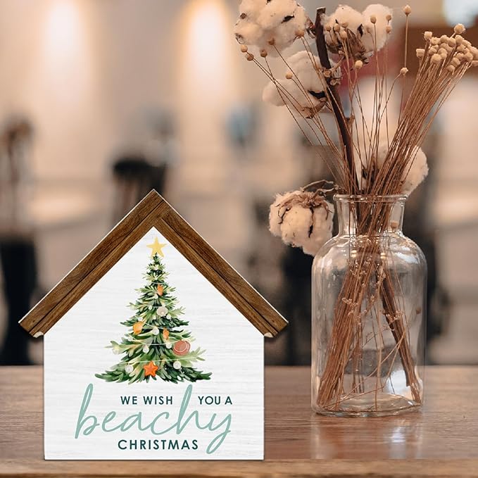 Beach Christmas Decorations, We Wish You a Beachy Christmas House Shaped Wood Sign, Coastal Beachy Xmas Decor for Home