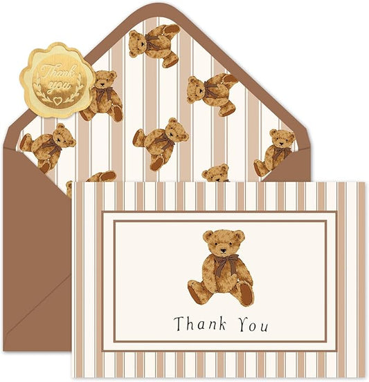 JarThenaAMCS 24 Pack Bear Thank You Cards Greeting Cards Brown Stripe Bear Blank Note Card with Envelopes Stickers for Birthday Baby Shower Party Supplies, 4 x 6 Inch