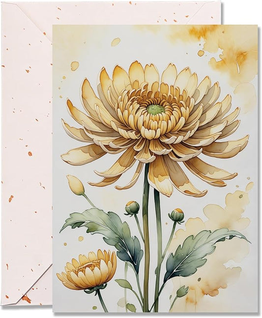 Blank Inside Greeting Card with Envelope for All Occasion, 5x7 Inch Watercolor Chrysanthemum Blank Card – Birthday, Thank You, Sympathy - Single Card