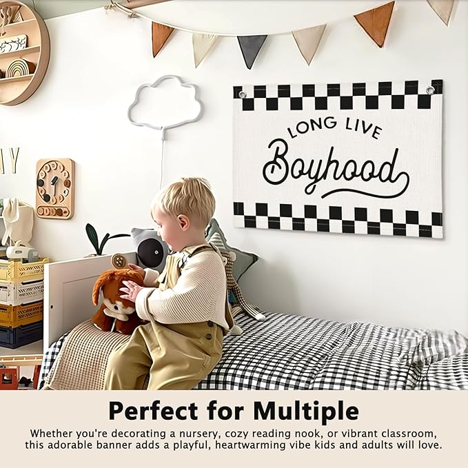 Long Live Boyhood Black and White Checkered Boys Room Decor - Linen Banner Wall Hanging Canvas Banner Flag Decor for Toddler Boy Bedroom Nursery Playroom