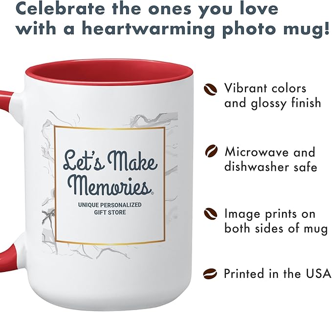 Let's Make Memories Personalized Photo Mug - Custom Coffee Mug - Your Photo & Text - For Any Occasion - Birthday - For Him - For Her - For Friend - Couples -15oz- Navy Handle
