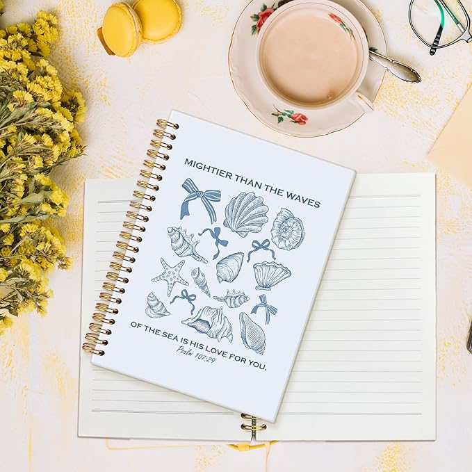 MOFUYU Bible Journal for Women,Blue Coquette Notebook for Girls, Aesthetic Stationery Gift, Cute Beach Seashell,Christian Spiral Notepad A5,Ocean Vibes Writing Journal for Teens Women 5.5x8.3 Inch