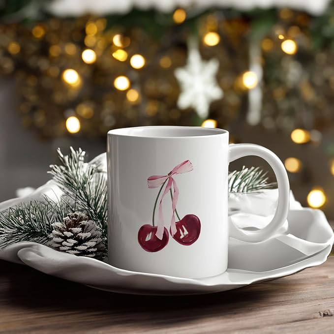 Pink Bow Cherry Coffee Mugs, Cute Preppy Pink Ceramic Coffee Mug Gifts for Women Teen Girls, Coquette Girly Coffee Cup, 11oz Ceramic Cup White