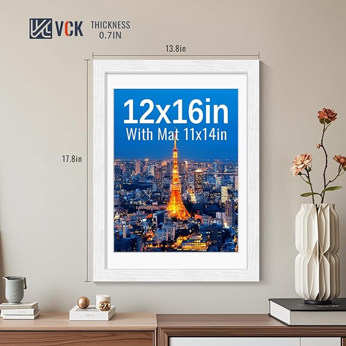 VCK 12x16 Picture Frames White Set of 5, Wide Border Wood, Tempered Glass, Display 11x14 Photo with Mat or 12 x 16 without, for Home, Office, Gallery, Woodgrain Series, Wall Hanging