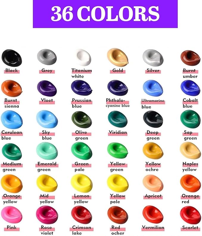 Acrylic Paint Set for Kids & Adults - Non Toxic Rich Pigments Artist Quality Great Color Jar Set for Professional Painting on Canvas, Wood, Fabric and More (36 Colors (2 Ounce Each)) MD-A13-3