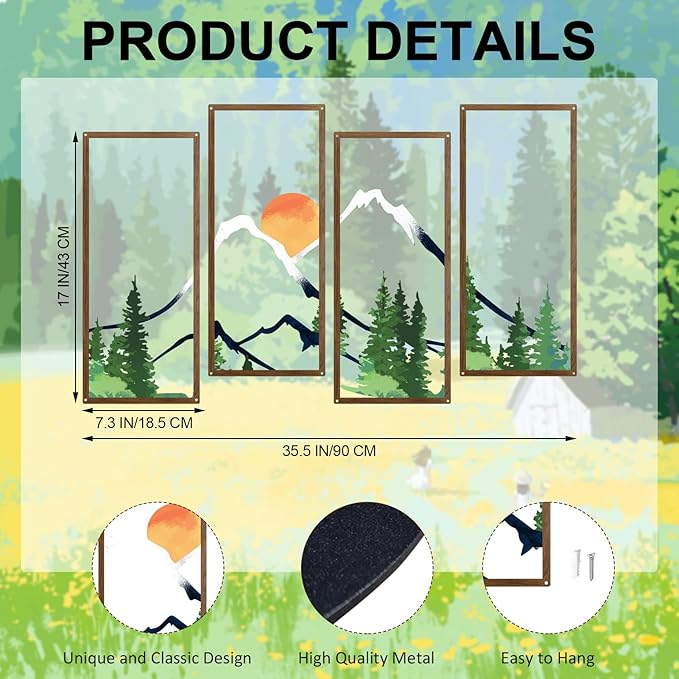 ruelen 4 Pcs Metal Sunset Mountain Forest Wall Art Mountain Line Decor Abstract Minimalist Wall Sculpture Rustic Nature Wall Decor for Home Office Bathroom Bedroom Living Room (Green)