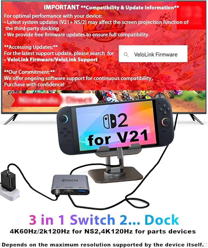 Switch 2 Dock Station with 4K HDMI2.1,USB C to HDMI Adapter for Switch 2&1 Compatible MacBook,Laptops 4K120Hz(Requires Manual Update for NS2'S V21+)