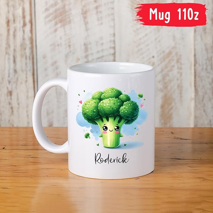Personalized Cartoon Broccoli Coffee Mug With Kid Name, Awesome Broccoli Travel Cups For Healthy Vegetable Lovers, Custom Broccoli Lover Ceramic Mug 11oz 15oz, Vegan Teacup Gifts, Broccoli Fans Mugs