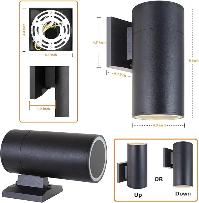 Outdoor Wall Light, Exterior Lighting - ETL Listed, Die-cast Aluminum Anti-Rust Waterproof Wall Mount Cylinder Design – 1-Direction Up or Down Light Fixture for Porch, Garage or Patio (3 Pack)