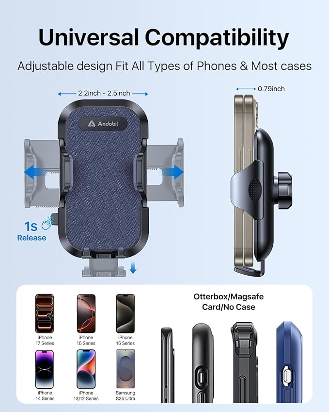 andobil Military-Grade Cup Phone Holder for Car/Truck, [2025 Enhanced] 13" 360° Adjustable Gooseneck w/Anti-Shake Car Mount, Universal Car Phone Holder for iPhone/Samsung All 4.0-7.0" Devices, Blue