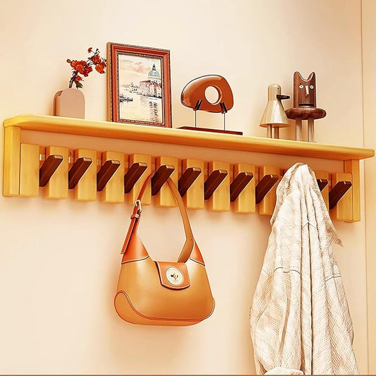 Wall Mounted Coat RackHooks Piano Key Hangers Natural Solid Wood Hanger Non-Woven Fabric Clothes Hangers for Closet, Kitchen, Bedroom, Bathroom, Entryway (Tray Walnut-Beech, 12 Hooks)