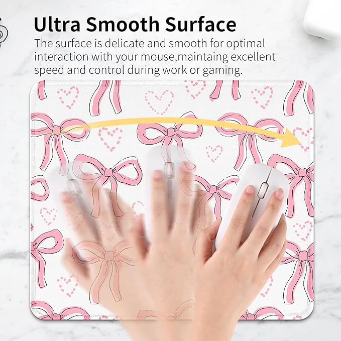 Seorsok Square Aesthetic Ribbon Bows& Love Mouse Mat,Premium Textured Mouse Pads for Office Laptop,Washable Square Mousepads with Extended Stitched Edges Non Slip Rubber Base,White