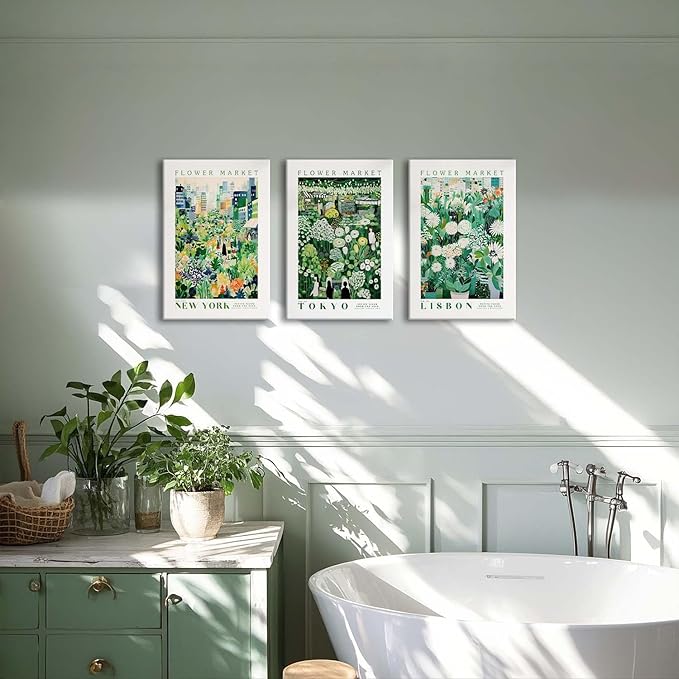 XLARTMY Flower Market Wall Art Prints Canvas Green Yellow White Floral Paintings Colorful Botanical Travel Flower Posters for Home Decor Pictures Set of 3 for Living Room Bedroom 16x24in