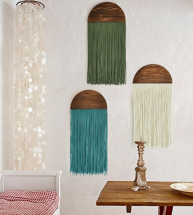 Macrame Wall Hanging Boho Wal Decor 3 Pcs Multicolor Combination Fiber Art Boho Home Decor Fringe Art for Living Room Bedroom or Office Modern Minimalist Wall Decoration 13.7" W x 30" L