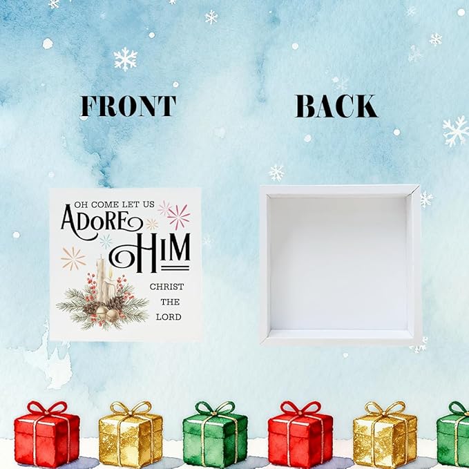 Christmas Christian Wooden Desk Decor Sign, Oh Come Let Us Adore Him Christ The Lord Wooden Box Sign, Religious Christmas Home Plaque for Living Room Bedroom Tabletop Decor 5x5 Inches