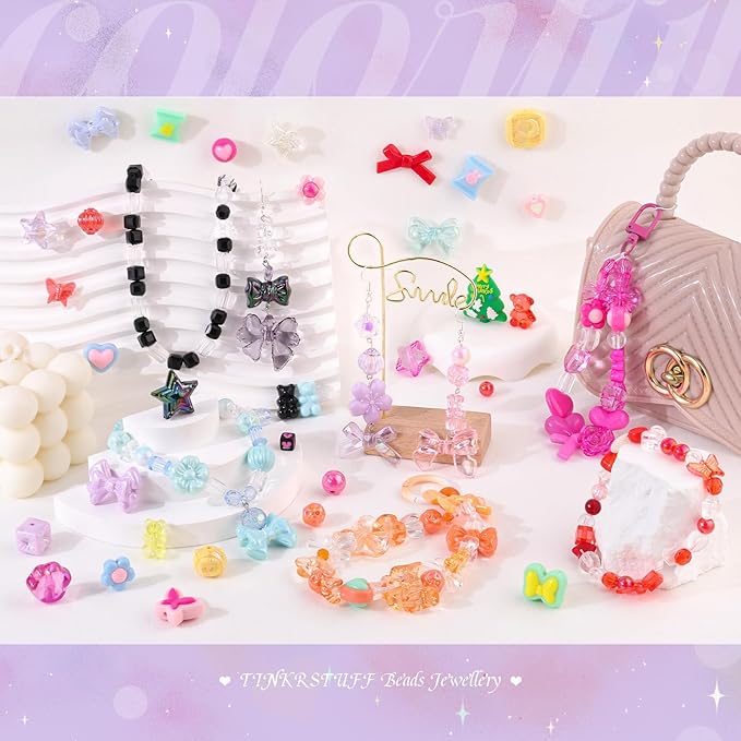 180-240PCS TINKRSTUFF Assorted Acrylic Beads 3 Mixed Series Cute Beads for Bracelet Making, Bow Aesthetic GummyBear Flower Butterfly Kawaii Charms for Jewelry Making DIY Necklace Keychain Phone Charm
