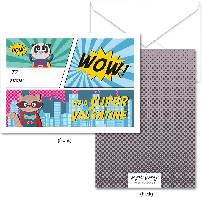 Paper Frenzy Super Hero Themed Valentine Cards WITH ENVELOPES - 25 Pack