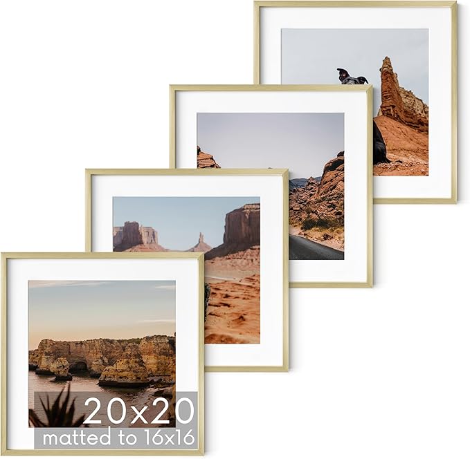 HAUS AND HUES 20x20 Gold Metal Picture Frames Matted to 16x16 - Premium Aluminum with Hanging Hardware, Shatterproof Plexiglass - Ideal for Home or Office (20x20 in, Gold, Set of 4)