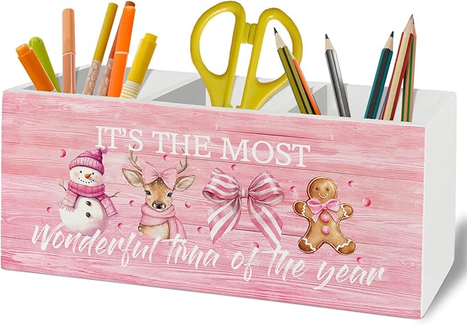 Pink Christmas Pen Pencil Holder Organizer for Desk Accessories, Preppy Coquette Bow Snowman Reindeer Gingerbread Wooden Box Sign Desk Decor for Girly Bedroom Dorm Room Decoration