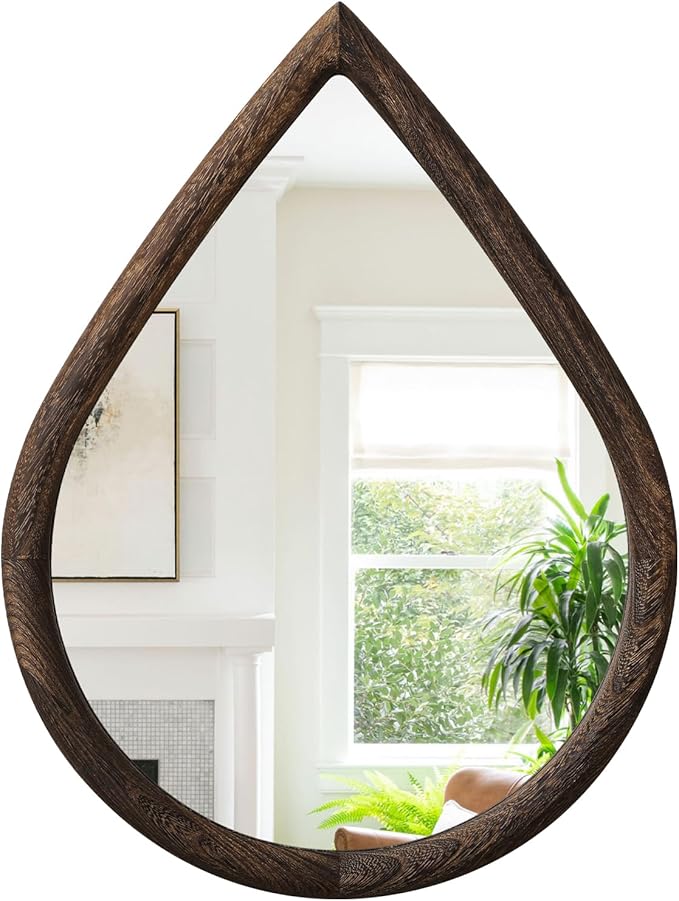 Irregular Wall Mirror with Wood Frame Rustic Wall Mirror Decorative Farmhouse Bedroom Bathroom Droplet Hanging Mirror Brown