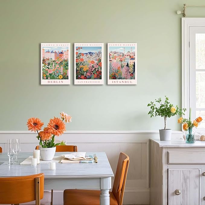XLARTMY Flower Market Wall Art Prints Canvas Orange and Pink Floral Paintings Colorful Botanical Travel Flower Posters for Home Decor Pictures Set of 3 for Living Room Bedroom 12x16in