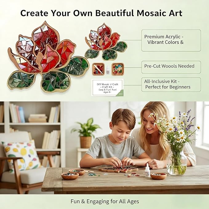 TATREBCRE DIY Mosaic Kit for Adults & Kids – Feather, Bird, Cat & Heart Designs – Christmas Gift Arts and Crafts Kit with Grout & Tools – Easy Mosaic Craft for Beginners (Red Flower)