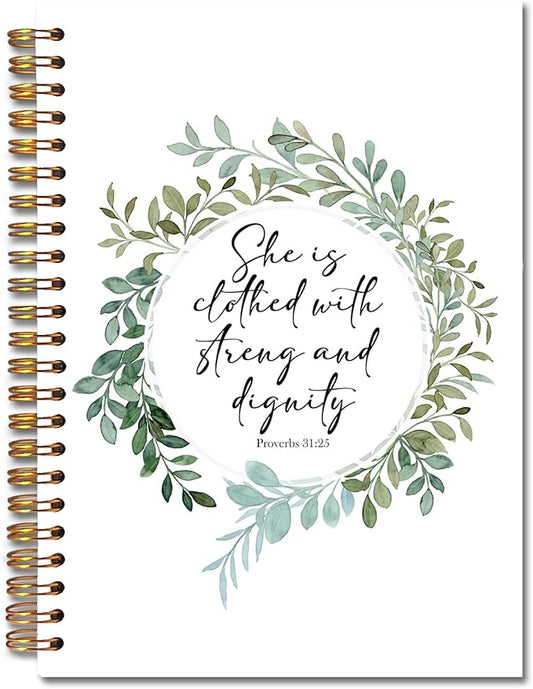 she is clothed with strength and dignity Christian Spiral Notebooks, Proverbs 31:25 Bible Journal, Scripture Journals for Writing, Religious Notebook for Note Taking, 5.5x8.3 Inch