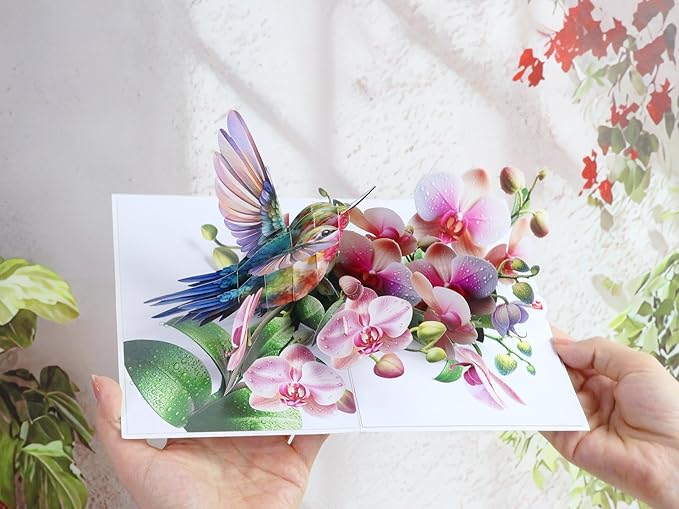 Birthday Cards for Women - Hummingbird Pop Up Card, Handmade Gift for Mom, Wife, Grandma, Daughter, Friend – Greeting Cards for All Occasions (Hummingbird and Orchid)