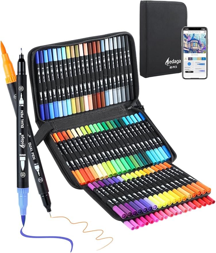 80 Colors Numbered Dual Tip Brush Pens with Free App, Fine and Brush Tips Pens for Adults and Kids, Coloring Markers for Coloring Book Bullet Journaling Note Taking Planner Hand Lettering
