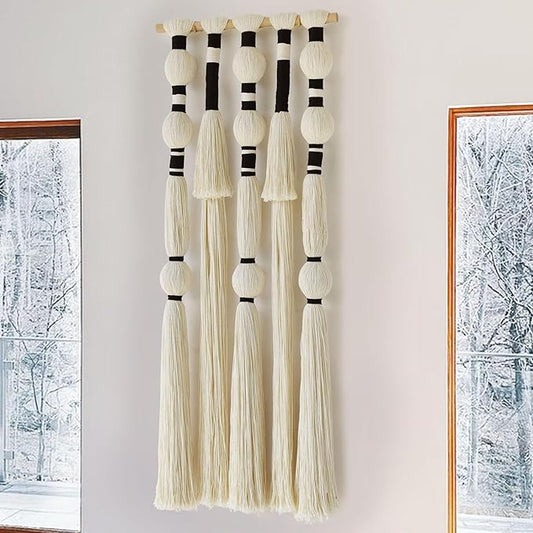 Flber Macrame Wall Hanging Tassels Sphericity Cotton Textile Hanging Geometric Yarn Wall Art for Bedroom Living Room Decor 15.7" W x 39" L