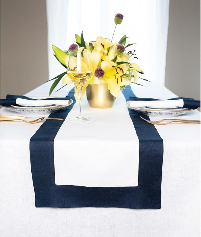 Solino Home Linen Table Runner 90 Inches Long - 100% Pure Linen Navy and White Table Runner 14 x 90 Inch for Winter, Spring, Easter - Contempo