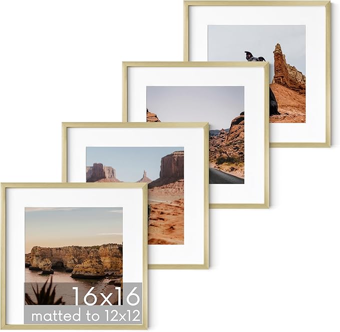 HAUS AND HUES 16x16 Gold Metal Picture Frames Matted to 12x12 - Premium Aluminum with Hanging Hardware, Shatterproof Plexiglass - Ideal for Home or Office (16x16 in, Gold, Set of 4)