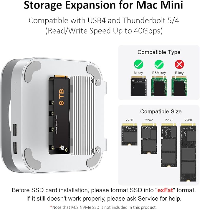 40Gbps USB4 Hub & Stand for Mac mini M4/M4 Pro, All-Aluminum Docking Station with 40Gbps M.2 SSD (NVMe PCle) Enclosure, 3*USB 2.0, 3.5mm Audio, USB4 Host | Mac mini M4 USB-4 Dock
