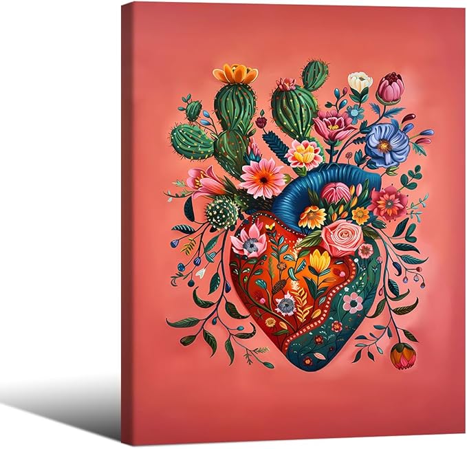 Mexico Blooming Heart Canvas Poster Colorful Vintage Botanical Wall Art Funky Trippy Pink Prints 08x10 inch Framed for Bed Living Room Apartment Wall Decor