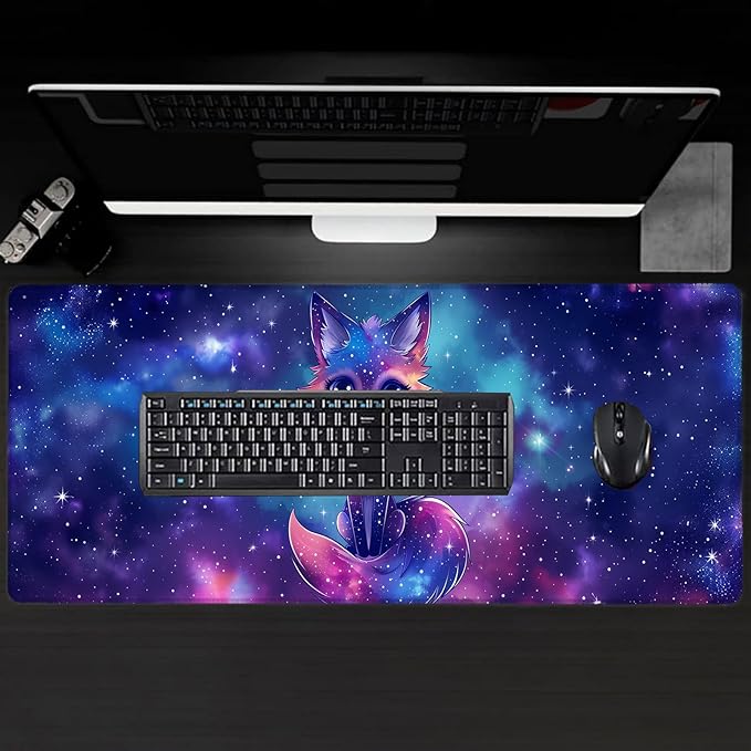 Galaxy Fox Large Gaming Desk Mat,Rubber Non-Slip Cosmic Animal Mouse Pad,31.5x11.8x0.12in Extended Space Blue Mousepad,Game Lover Mice Pads Gifts,Office Home Deskmat Decor