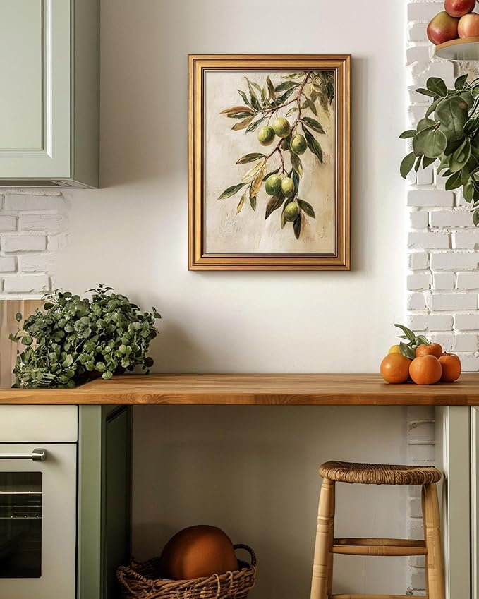 Bzstyleart Vintage Wall Art Decor for Bedroom,Oil Painting Olive Branch Botanical Wall Art,Vintage Botanical Painting,Room Decor Aesthetic for Kitchen,Christmas Gifts 12 x 16 Inch