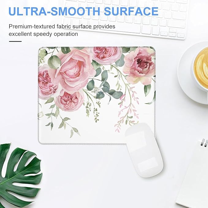 Mouse Pad, Pink Flowers and Eucalyptus Leaves Mouse Pads for Desk,Soft Computer Mouse Mat Square Waterproof Non-Slip Rubber Base Gaming MousePads for Women Men,Laptop,Office