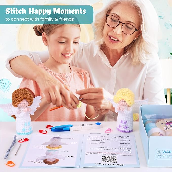 Crochetta Crochet Kit for Beginners, Beginner Crochet Kit for Adults with Step-by-Step Video Tutorials, Amigurumi Crochet DIY Knitting Supplies for Adults Kids, 2-Pack Angel (40%+ Yarn)