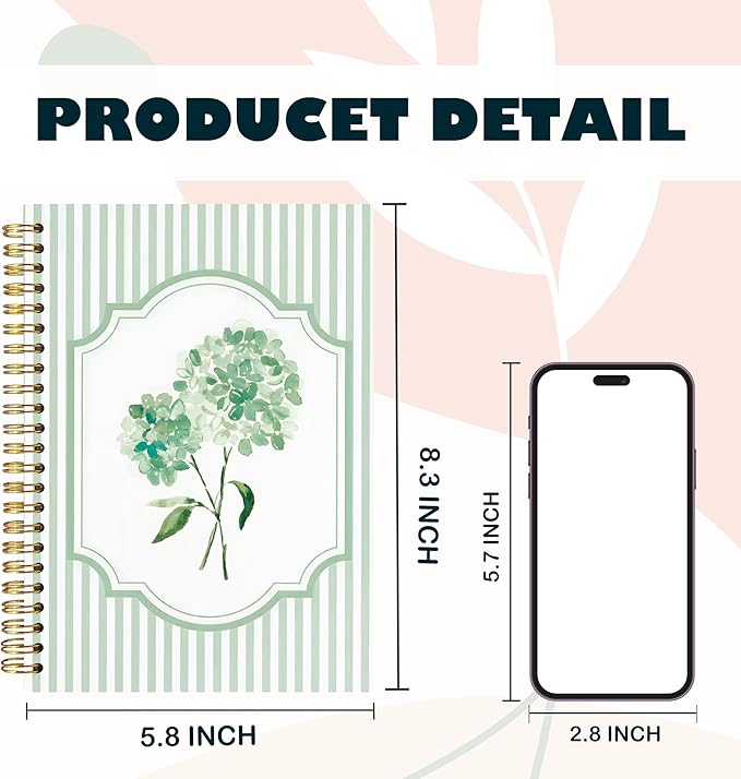 Coquette Preppy Hydrangea Notebooks, Green and White Stripes Girly Floral Journal, Aesthetic Hydrangea Flower Spiral Notebook Journal for Note Taking, Girly Office Supplies, 5.5x8.3 Inch