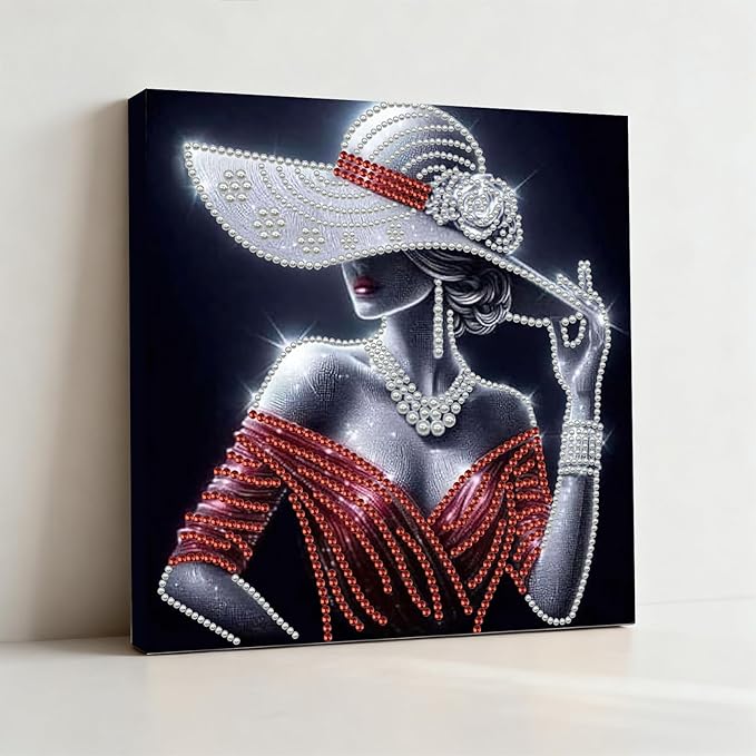 DIY Pearl Painting Kit with Wooden Frame, 3D Plastic Pearl Gemstone Ocean Art Craft for Adults Beginners, Diamond Art Kits for Adults, Home Wall Decor Ready Gift for Women(Woman in Red Dress)(30*30cm)