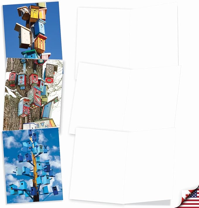 The Best Card Company - 10 Bird Note Cards Blank (4 x 5.12 Inch) - All Occasion Cards with Envelopes, Boxed Set - Birdhouse Beautiful AM6114OCB-B1x10