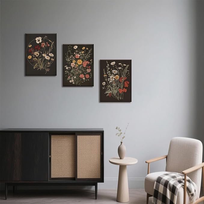 TUEASKY 3 Piece Dark Floral Canvas Wall Art Vintage Botanical Wall Art Moody Flower Decor Black Wildflower Art Prints for Living Room Bedroom Office 12x16in Framed