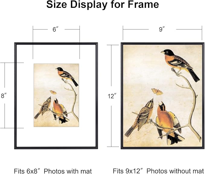 9x12 Picture Frame, Black Metal Photo Frames with HD Glass, Fits 6x8 with Mat or 9 x 12 without Mat, Display for Wall and Table, 1 Pack