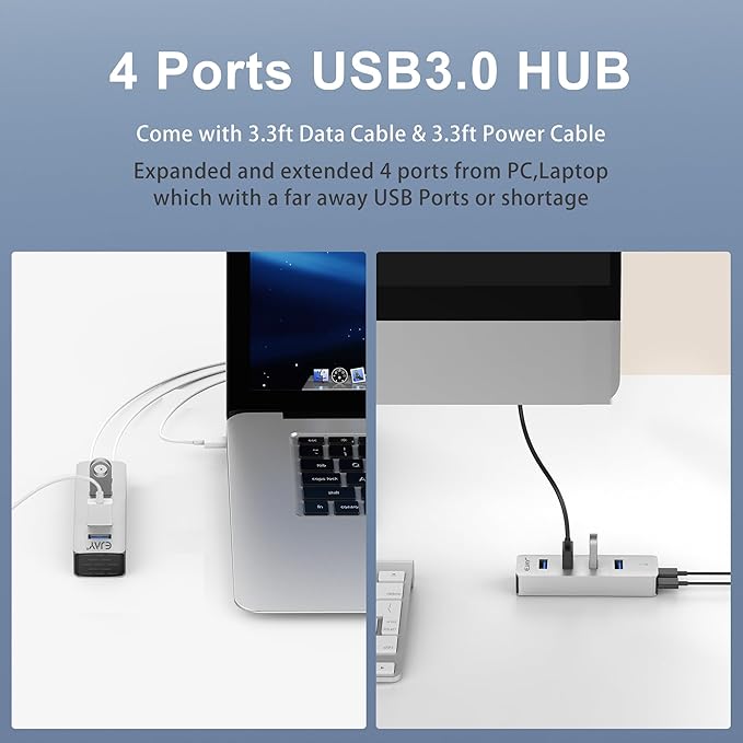 4Ports USB3.0 HUB,Extra Power Supply Port,3.3FT(1M) Long Data Cable and 3.3FT(1M) Long Power Cable,Aluminum 5Gbps High Speed USB Splitter,Multi Port Extender Hub for PC, Laptop, Mac,etc (HA-4U)