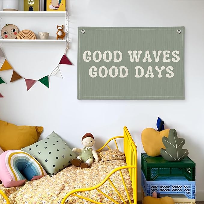 Surf Nursery Decor, Ocean Wave Coastal Beach Linen Canvas Banner, Good Waves Good Days Summer Wall Hanging Flag Decor for Toddler Boys Girls Room Playroom