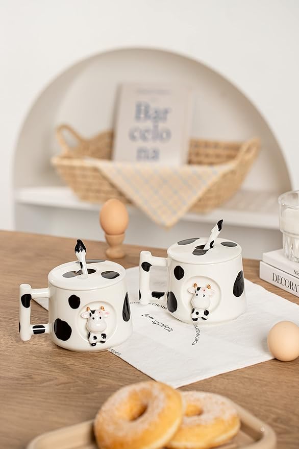 DIHOclub Adorable 3D Ceramic Cow Mug with Lid and Spoon - Perfect for Coffee, Tea, Milk, and More - Ideal Gift for Animal Lovers Gift for Mather- 14 Ounces(BLack white)