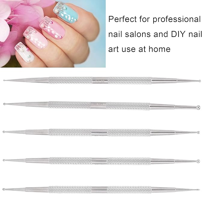 Polish Dotting Tool, 5Pcs Nail Dotting Tools for Nail Art, Stainless Steel Double Ended Nail Embossing Tool Set for Precision Designs, DIY Decoration, Double Headed