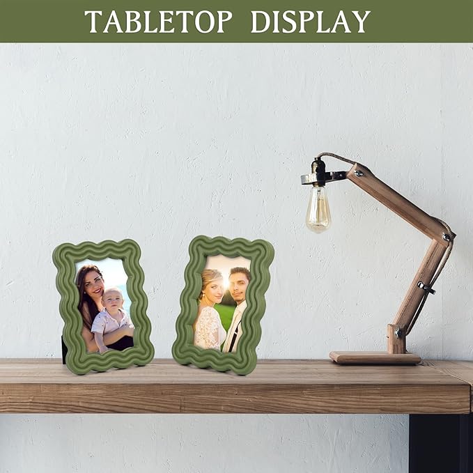 4x6 Picture Frame, Display Pictures 4x6 with Mat, Wavy Edge Wood Photo Frame for Tabletop and Wall Hanging, with Clear Plexiglass for Vertical or Horizontal Display, Green, 1 Pack