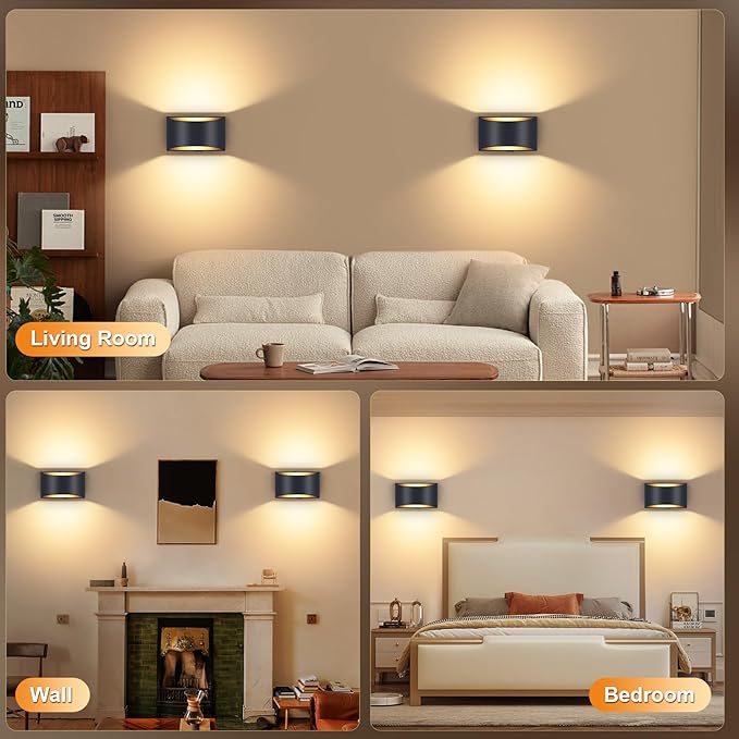 Battery Operated Wall Sconces Set of 4, Black Rechargeable Wireless Remote & Touch Control Wall Lamps, 3 Color Temperatures, Timer Cordless Dimmable Light for Bedroom, Living Room, Hallway
