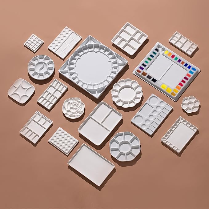 MEEDEN Ceramic Watercolor Palette: 33-Well Large Empty Professional Porcelain Paint Palette with Lid for Watercolor Acrylic Gouache, 13.5 x 10.8 Inch Mixing Tray for Studio